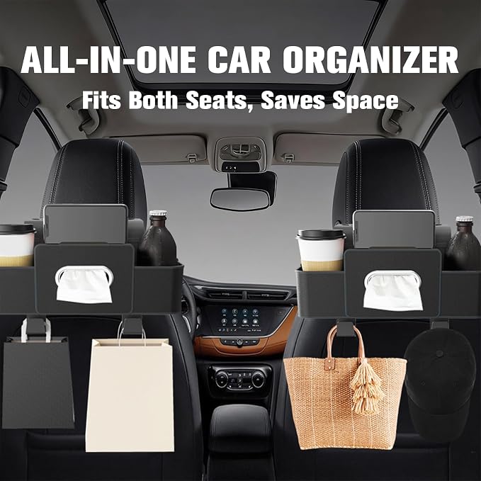 4 in 1 Multifunctional Back Seat Car Organizer, Hanging Storage Box with Cup Holder and Tissue Box for Phone, Drinks, Handbag - Universal for SUV, Truck, Van