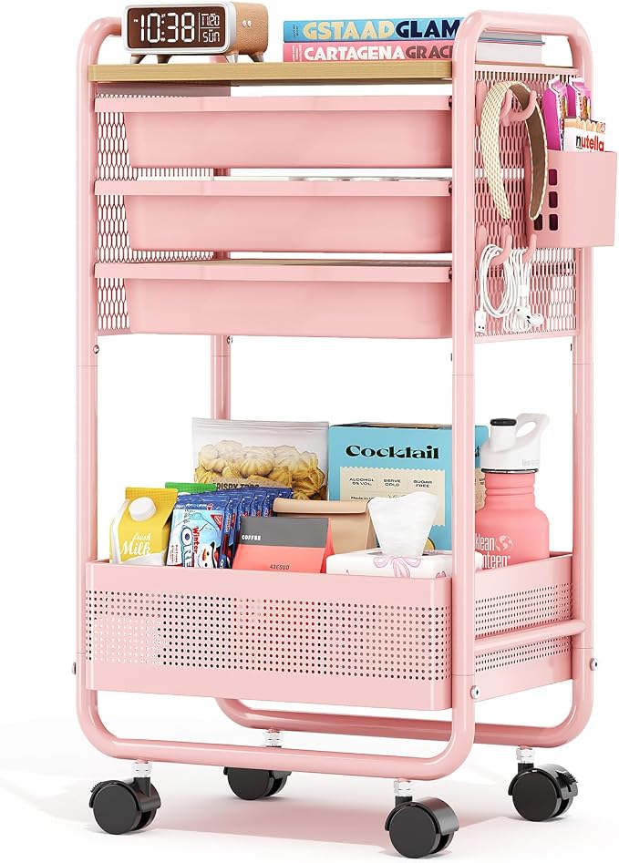 Metal Rolling Storage Cart with 3 Drawers - Utility Cart on Wheels with Pegboard & Wood Tabletop, Multifunctional Trolley Organizer with Hooks & Bin for Living Room,Bedroom,Craft Room,Office,Kids Room