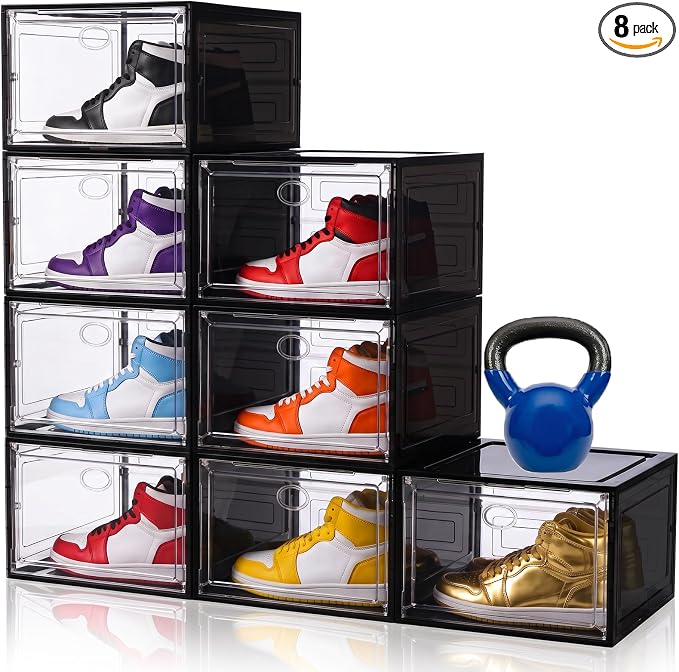 Large Shoe Boxes Clear Plastic Stackable, 8 Pack Drop Side Shoe Storage Organizer with Magnetic Door, Shoe Container Sneaker Storage Display Case Fit up to US Size 13 Black