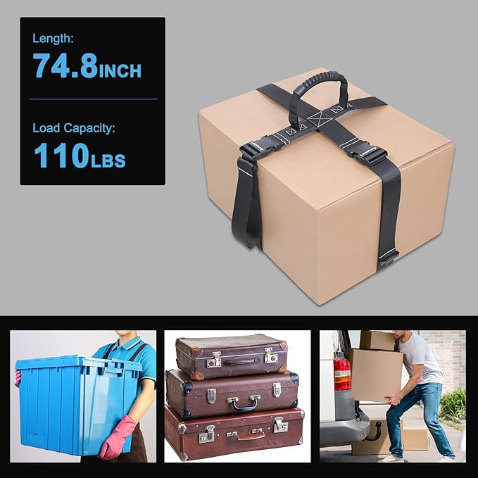 Box Carrying Strap with Handle Adjustable Straps for Battery Box Handheld Belt Carry Straps for Safely Moving and Lifting Heavy Boxes (Black, 74.8 Inch-Plastic Buckle)