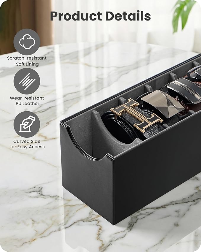Lolalet Belt Organizer for Closet, Belt Box & Storage Drawer -Black | PU Leather Belt Holder with 7 Extra-Wide Compartments, Soft Lining, Fits Entryway Cabinet, for Men & Women, 2 Packs