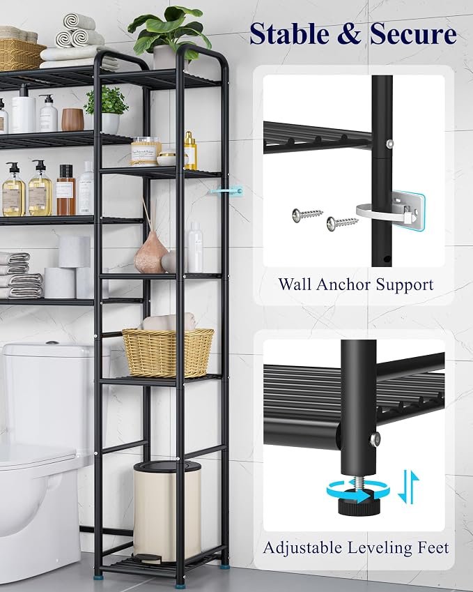Kitsure Over the Toilet Storage – 9-Tier Black Metal Bathroom Organizer Shelves with Adjustable Side Shelves, Space-Saving Over Toilet Rack for Small Bathrooms, Apartments & Rental Homes, 68.7" H
