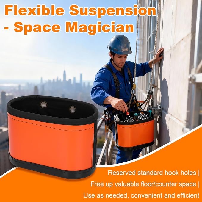 Bucket Tool Organizer with 14 Pockets | Oval Hard Lineman Bucket Bag, Tool Bucket Bag with Tray Hook Holes & Polypropylene Bottom with Drain Holes, No Kickstand