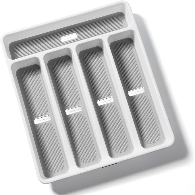 shopwithgreen Silverware Organizer with Cutlery Icons，Silverware Tray for Kitchen Drawer，Plastic Flatware Drawer Organizer Utensil Organizer with Non-slip TPR Linings，5-Compartment Silverware Caddy