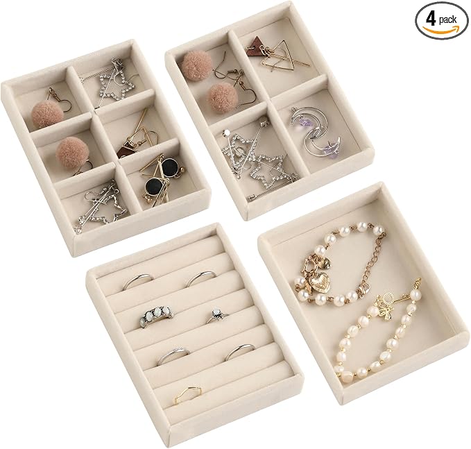 Frebeauty Small Jewelry Organizer for Drawer,Set of 4 Velvet Jewelry Trays | Jewelry Box Inserts,Drawer Inserts,Vanity Drawer Organizer,Mini Size,Stackable Earring Organizer,Adjustable Dividers