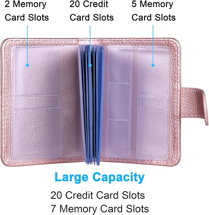 Wisdompro Slim PU Leather Credit Card Holder, Vertical Rose Gold | RFID Blocking Wallet Debit Card Protector, Organizer Case, Card Case, 20 Card & 7 Memory Card Slots, with Magnetic Closure