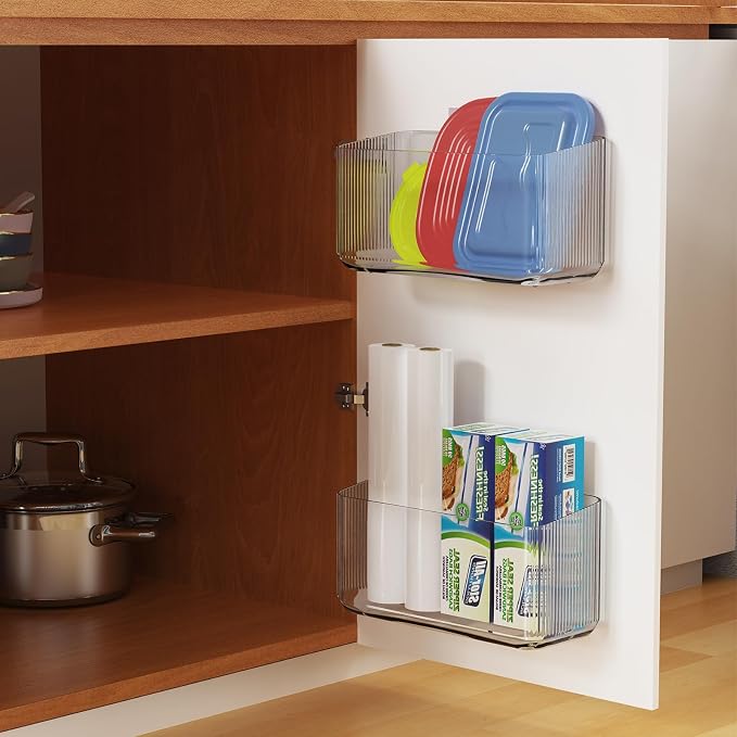 MaraFansie 2 Pack Plastic Lid Organizers - Inside Cabinet for Kitchen Organizers, No Drilling Wall Mount Container Holders for Tupperware, Food Storage, Transparent