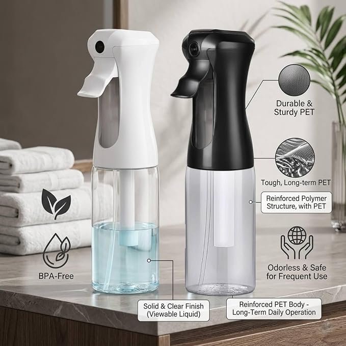 VIGOR PATH 200ml Continuous Mist Spray Bottle for Hair Plants and Skin Care | Ultra Fine Atomizer Leak Proof Ergonomic Construction 360 Refillable