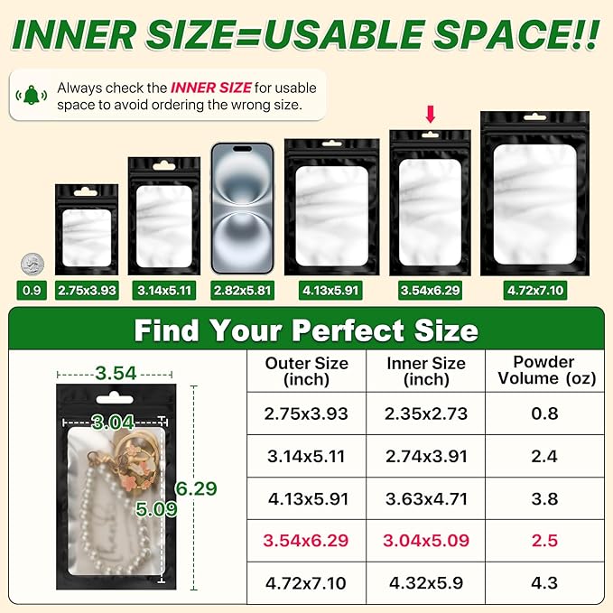 100 PCS Resealable Mylar Bags with Zipper and Frosted Clear Window Smell Proof Packaging Bags Foil Pouch Zipper Bag for Food Self Sealing Storage Supplies (Black, 3.54x6.29)