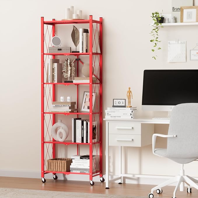 ALANNG 73.6 Inch Folding Bookshelf, 6 Tier Metal Bookcase and Bookshelves | Tall Shelves for Living Room Office Bedroom, Heavy Duty Book Shelve Free Standing Open (Red, 3PACK)