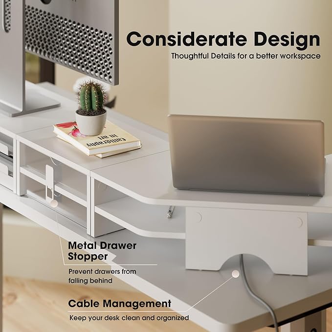 Fenge Dual Monitor Stand, Corner Monitor shelf with Drawer and Slide-Out Tray, 2 Tier Triangle Monitor Riser with Storage, Desk Shelf Organizer for Desk, Home Office, Computer, Laptop, Printer