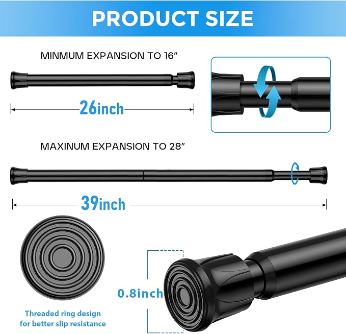 3 Pack Small Tension Rod 26-39 Inch Black Tension Curtain Rod Adjustable Spring Curtain Rods No Drilling Expandable Pressure Curtain Rods for Windows,Closets,Doorway,Kitchen