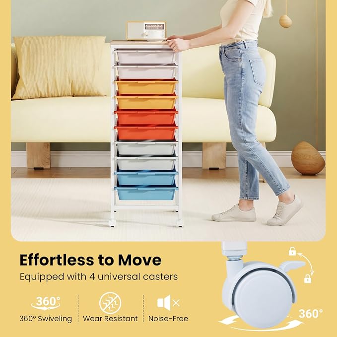 LDAILY Rolling Cart with Drawers, 10 Drawer Rolling Storage Cart with Wooden Tabletop, Metal Frame & Lockable Wheels, Craft Organizers and Storage for Home Office Classroom (Macaron, 10-Drawer Small)