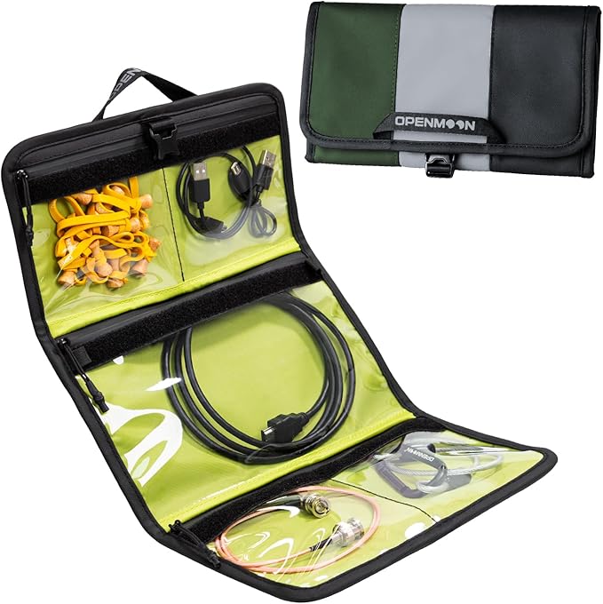 OPENMOON Multi-Purpose Storage Organizer, Tri-Fold Design, 5 Compartments, Splash-Proof, for Cables, Toiletries, Makeup (Dark Green+Gray+Red)