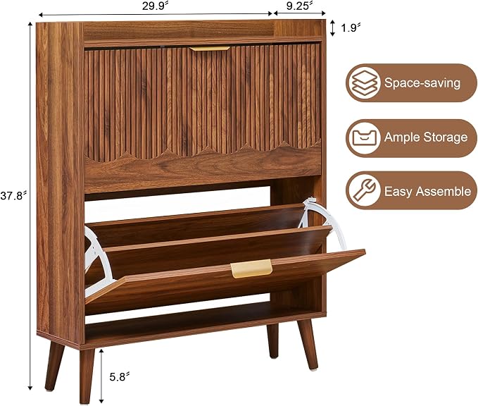 BERRYMERRY 30" Narrow Shoe Storage Cabinet with 2 Flip Drawers and Wave Fluted Design for Hallway Entryway Living Room Foyer (Fluted Walnut 2 Drawer)