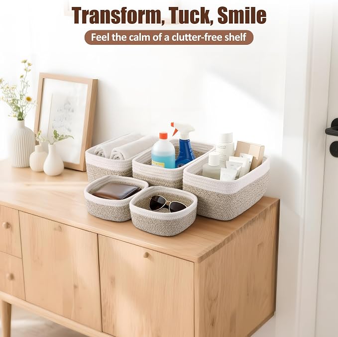 5-Pack Small Woven Rope Storage Baskets, 2 Sizes Organizer Bins | Fabric Cube Boxes and Rectangular Shallow Bins for Closet, Shelf, Bookshelf, Nursery, Changing Table, Bathroom, Toys & Home