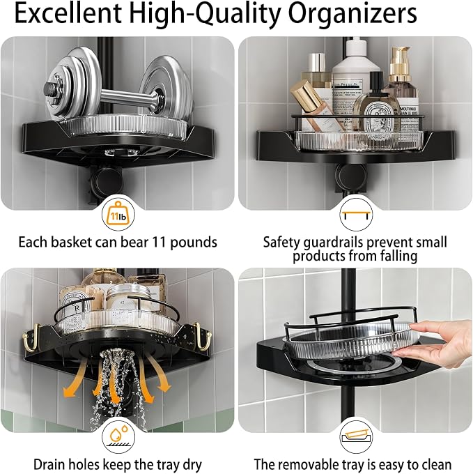 shuang qing 360° Rotating Corner Shower Caddy Tension Pole Organizer, 4-Tier Adjustable Shower Shelves, Rustproof Metal Pole with Safety Guardrail, Bathroom Storage for Shower & Bathtub (Black)
