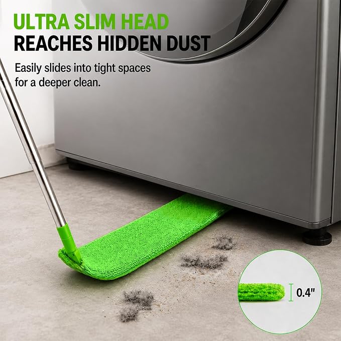 Retractable Gap Dust Cleaner with Extension Pole & 3 Microfiber Cloths | Cleaning Tools with 3 Microfiber Dusting Cloths | Long Handle Duster 30-100'' | Under Refrigerator Furniture Appliance Green