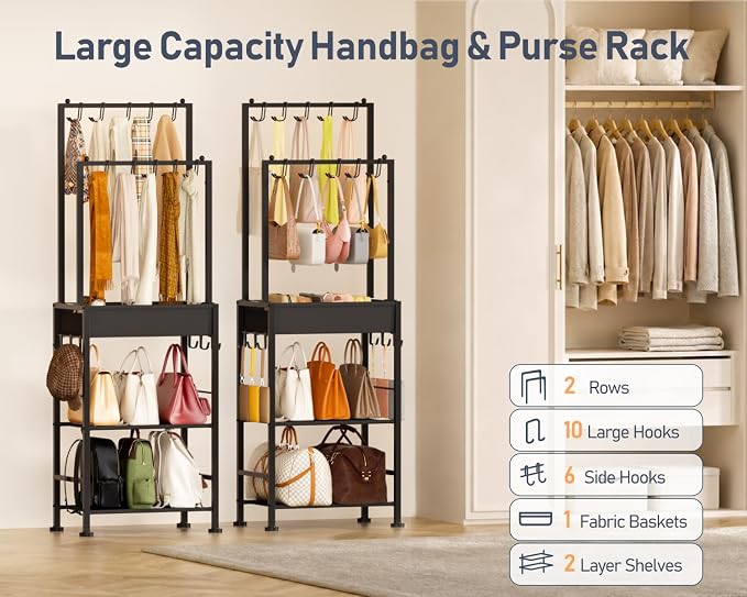 DIMJ Purse Organizer for Closet - Floor-standing Handbag Organizer Rack with 16 Hooks, Purse Storage Shelf Stand for Handbags, Totes, Wallets, Scarves, Bedroom Entryway and Walk-in Closet, Black