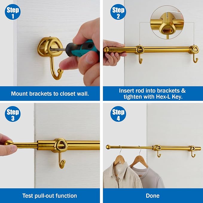 Valet Rod for Closet Pull Out with Hooks, Easy To Install (Brushed Gold, 14 Inch)