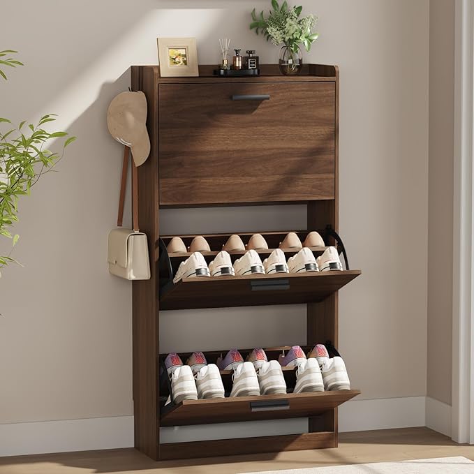 Shoe Cabinet Organizer with 3 Flip Drawers, Freestanding Shoe Storage Cabinet, Adjustable and Removable Dividers, 23.6"W x 8.7"D x 47.2"H Narrow Shoe Rack for Entryway, Foyer, Hallway, Walnut