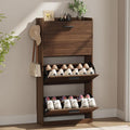 Shoe Cabinet Organizer with 3 Flip Drawers, Freestanding Shoe Storage Cabinet, Adjustable and Removable Dividers, 23.6"W x 8.7"D x 47.2"H Narrow Shoe Rack for Entryway, Foyer, Hallway, Walnut
