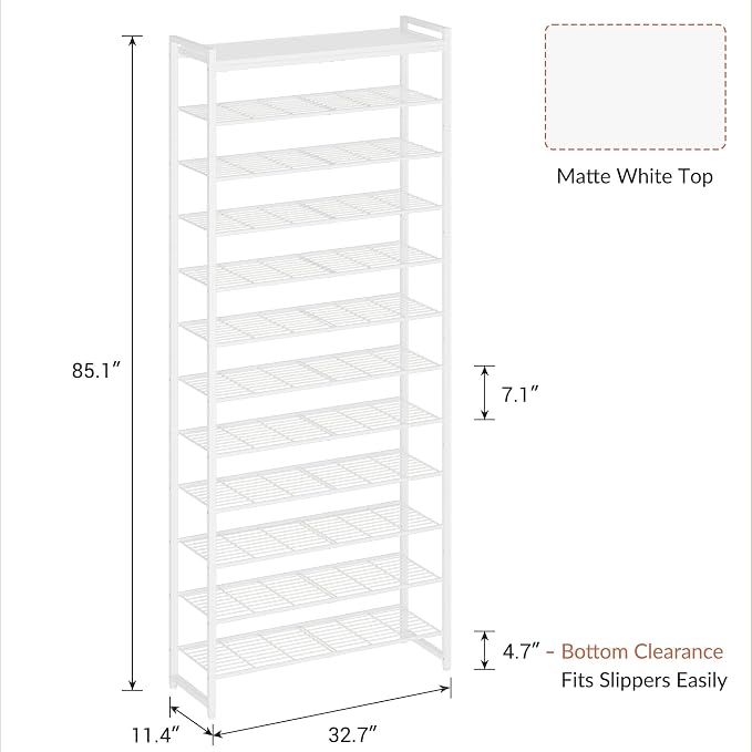 12 Tier Shoe Rack Organizer for 48-60 Pairs, Tall Metal Shoe Storage Shelf with Wood Top, Adjustable Boot Space, Narrow Design for Entryway Closet, White