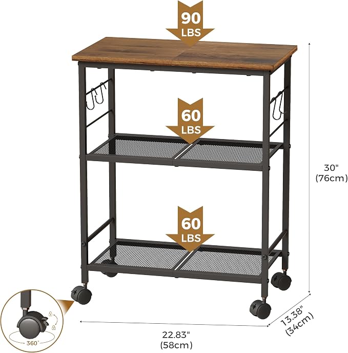 BEWISHOME 3-Tier Rolling Kitchen Microwave Cart, Microwave Table Stand | with 4 Lockable Wheels, Small Coffee Cart Shelf Rack Organizer for Kitchen, Living Room, Bathroom