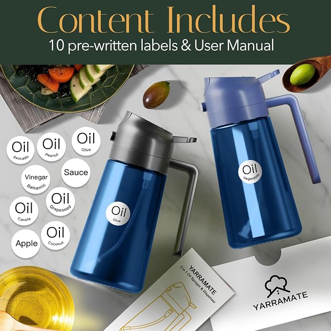 YARRAMATE 16oz/470ml Light-Blocking Dark Oil Sprayer for Cooking, 2 in 1 Olive Oil Dispenser Bottle for Kitchen, Premium Blue Glass Oil Bottle, Food-Grade Oil Mister for Air Fryer, BBQ (BlackNavy)