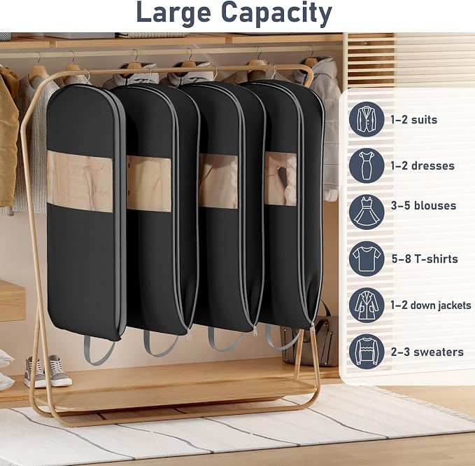 DIMJ 4 Pack 43" Space Saving Garment Bags for Hanging Clothes With Compression Zipper Carry Handles and Window, Washable Suit Bag for Dress, Clothes, Coats, Down Jacket, Closet, Moving, Travel
