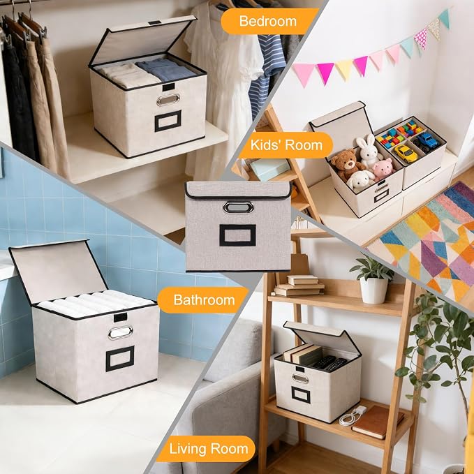 Large Square Storage Bin with Lid, Foldable Organizer Box with Handles & Label Design, for Office, Closet, Home, Documents, Grey, 12.20 x 10.63 x 10.63 Inches, 4 Pack
