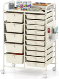 Giantex 15 Drawer Storage Cart, Rolling Craft Cart with Metal Tabletop & Pegboard, Mobile Utility Organizer Trolley with Locking Wheels, Home Office, Classroom, Teacher Supplies, Ivory
