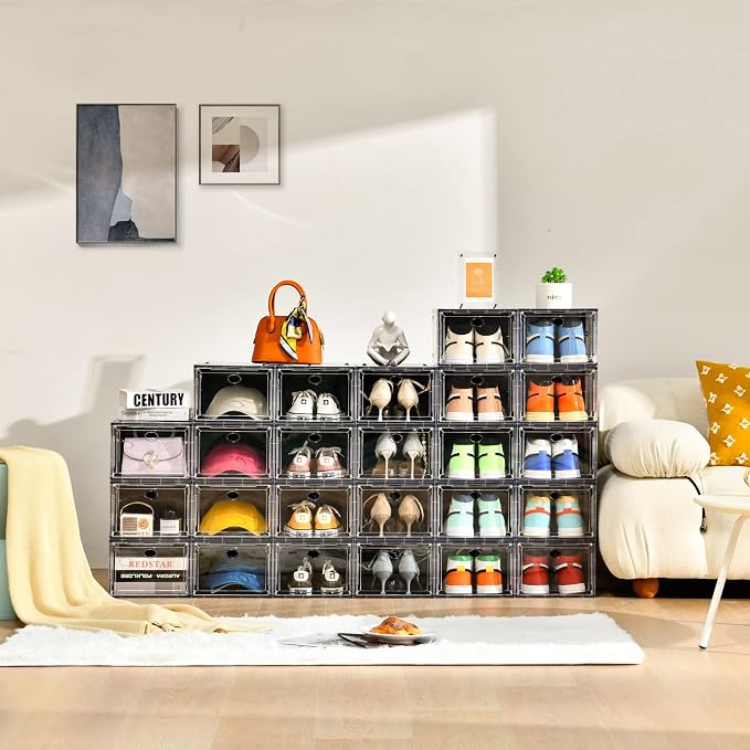 Amllas 10 Pack Shoe Boxes Stackable,Upgraded Sturdy Storage Boxes with Clear Magnetic Door,Multifunctional Sneaker Organizer Fit up to US Size 12 (13.8”x 9.84”x 7.1”)