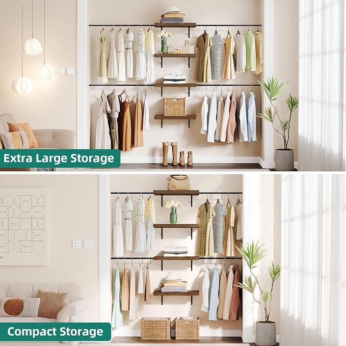 YITAHOME Wall-Mounted Closet System with Expandable Rod and Thickened Shelves – Adjustable Clothing Rack for Bedroom, Laundry Room and Cloakroom, Suitable for 2-8 Feets Space | Laundry Room and Cloakroom,Suitable for 2-8 Feets Space