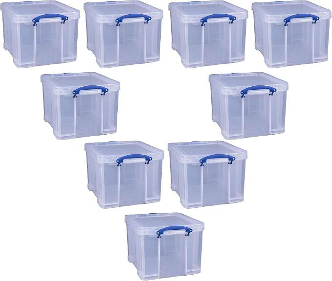 Really Useful Box 32 Liters Storage Bin Container with Snap Lid and Clip Lock Handles for Lidded Home and Office Storage Organization, 9 Pack