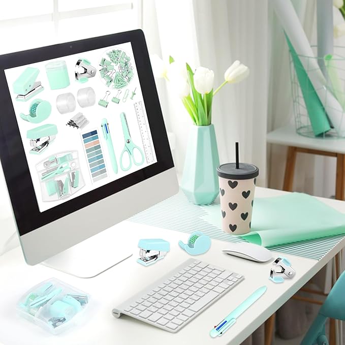 Mini Office Supplies, Turquoise Green School Supplies with Sticky Notes,Mini Stapler,Tape Dispenser,Hole Punch,Staple Remover,Staples,Clips,Scissor,Pen (Green)