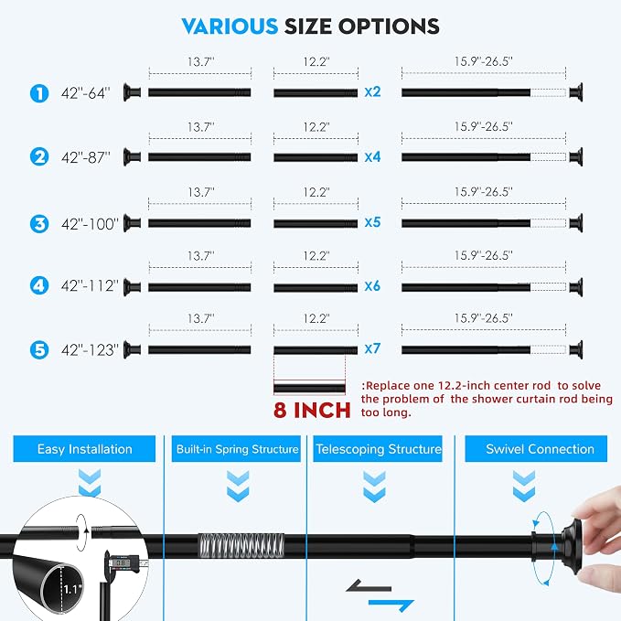 Shower Curtain Rod Tension Curtain Rod 43-87 Inch Shower Rods for Bathroom | Heavy Duty Tension Rod,1.1 Inch Thick Diameter,Spring Adjustable,No Rust,No Drilling,Windows,Black