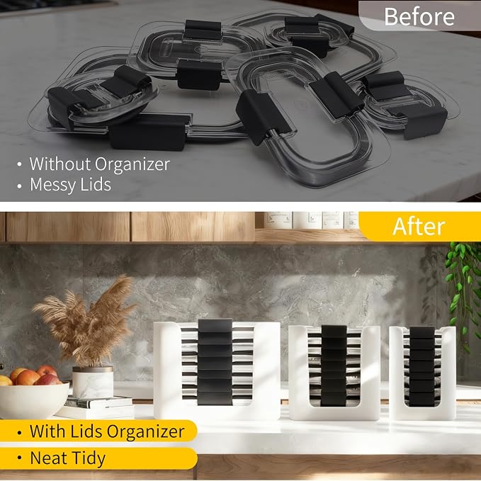 Food Container Lid Organizer for Rubbermaid Brilliances nap-on lids,Food Container Lid Organizer for Kitchen Cabinet (3-Piece) - Holds 24 Lids for 4.7 & 3.2 Cup,1.3 Cup,0.5 Cup Containers (White)