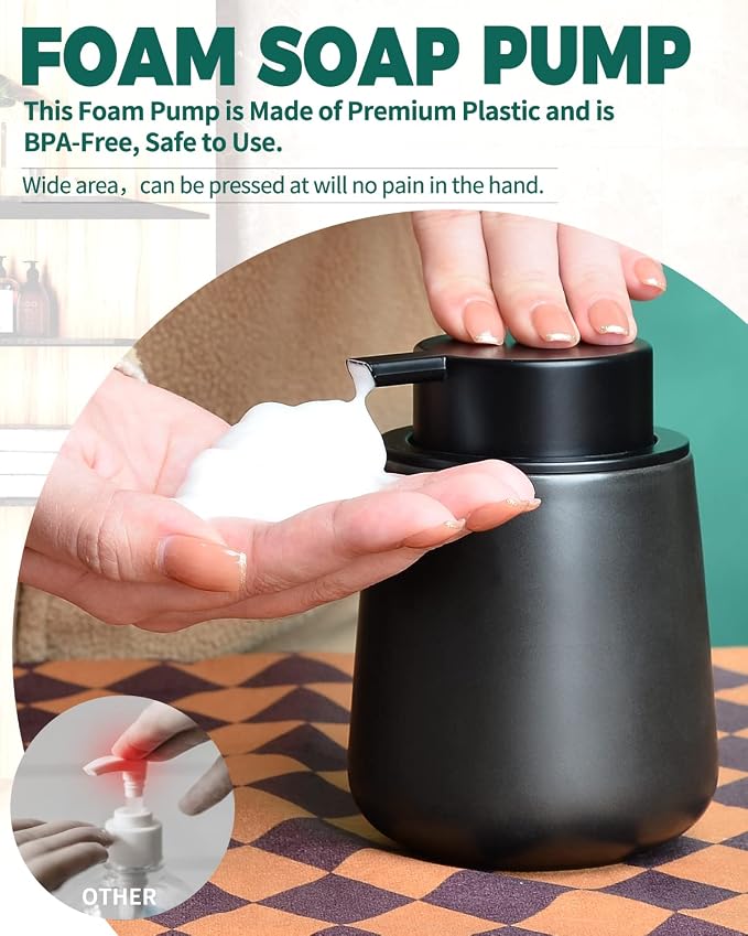 Bosilunlife 12Oz Ceramic Foam Soap Dispenser for Bathroom Kitchen Counter | Premium countertop foam pump creates delicate dense foam, stable desktop placement, Matte Black