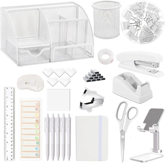 Office Supplies,Desk Accessories,Stapler and Tape Dispenser Set,1000 Staples,Staple Remover,Pen Holder,Folding Phone Holder,Journal Notebook,Ballpoint Pen,Scissor,Ruler,Clear Tape,Sticky Notes,Ect