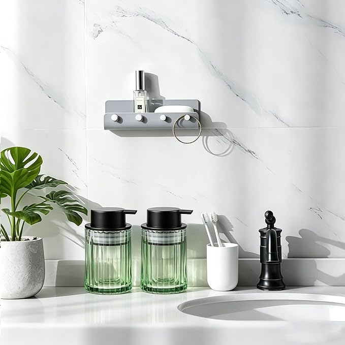 Foam Soap Dispenser, 8oz Green Glass Refillable with Black Pump, 1 Pack | Glass Foaming Soap Dispenser for Liquid Soap or Lotion, Vertical Ribbed Decor for Bathroom Vanity, Kitchen, Commercial Use