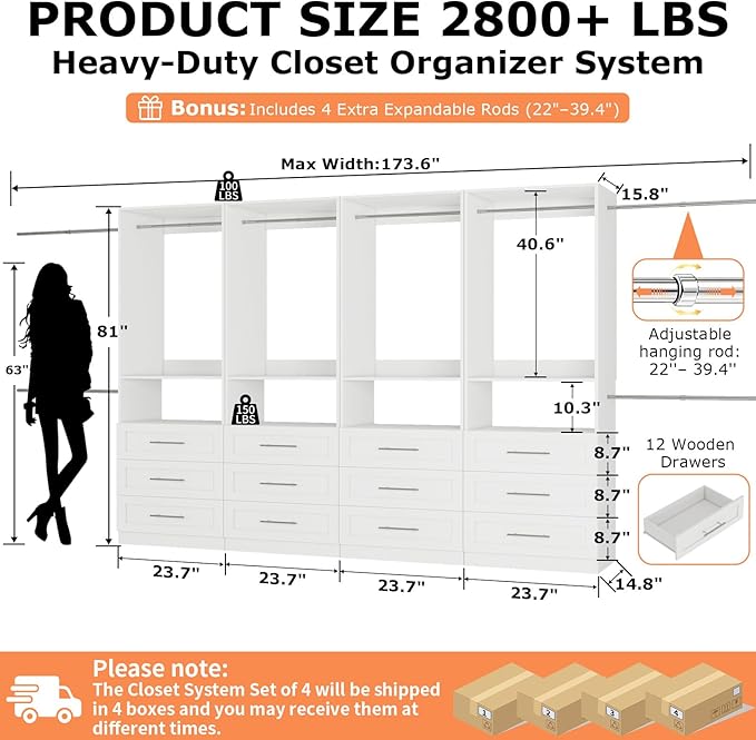 Closet System Set of 4, Closet System with 12 Drawers, 8 Rods & 4 Shelves, 8-21FT Walk in Modular Closet Organizer System, DIY Custom Built in Wood L Shape Closet Organizer Kit, White