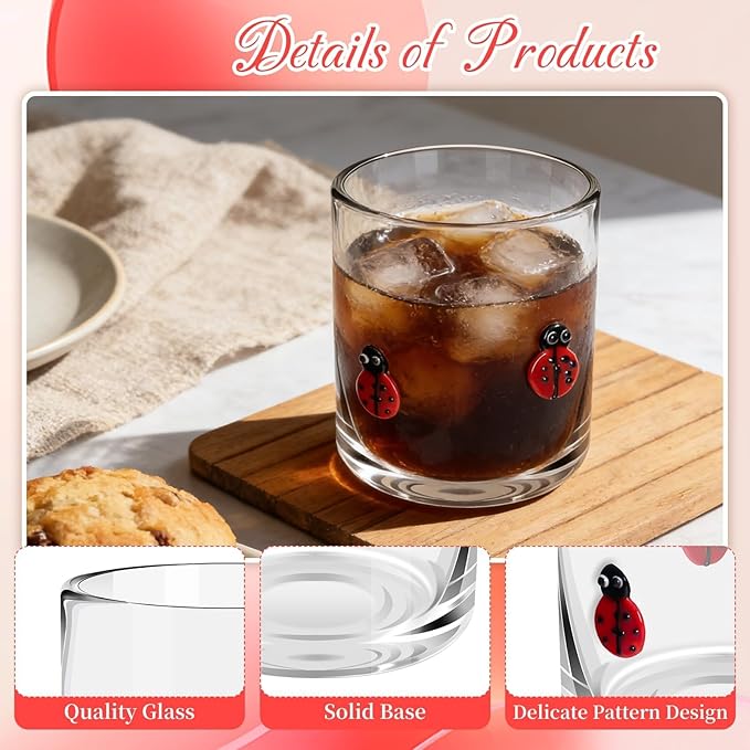 14 Ounce Icon Juice Glasses, Aesthetic Cocktail & Old Fashioned Drinking Glasses, Iconic Clear Glass Cups for Women, Sister, Friend & Party Gifts (Ladybug)