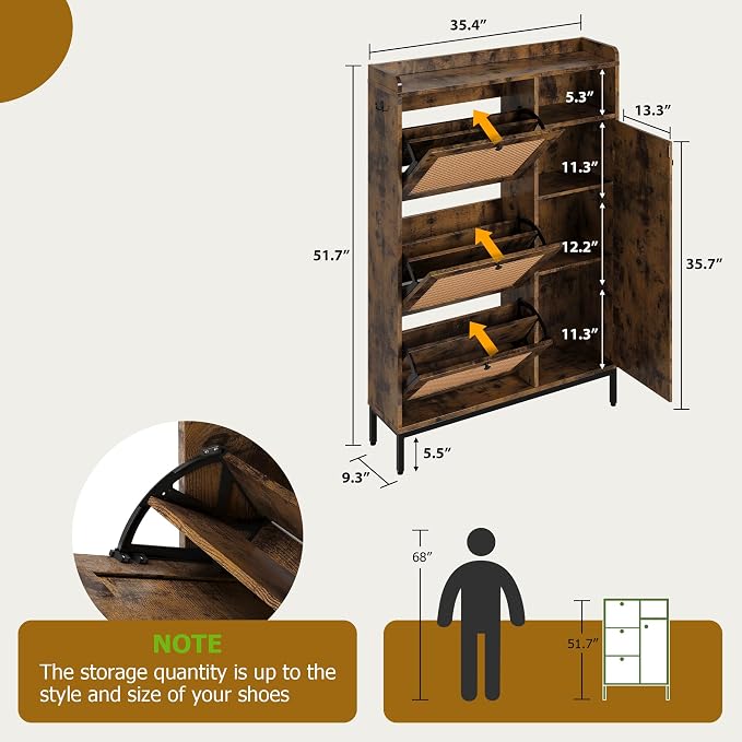 Garvee Shoe Cabinet with 3 Flip Drawers and 4-Tier Shoe Storage Cabinet, Freestanding Shoe Organizer with Adjustable Shelf and Rattan Doors for Entryway, Closet, Hallway
