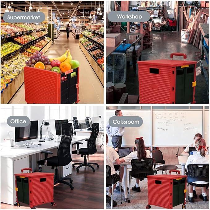 SELORSS Foldable Utility Cart Portable Collapsible Crate Rolling Carts with Wheels Rolling Tote Basket Teacher Cart with Lid Wear-Resistant 360°Rotate Wheel Noiseless for Shopping Storage Office Use