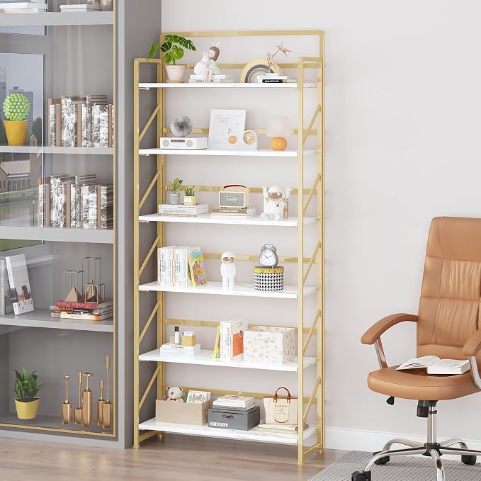 JSB 6 Tier No Assembly Folding Bookshelf, 30.3" Wide Foldable Storage Bookcase for Home Office, Space-Saving Storage Shelf for Living Room (White&Gold)