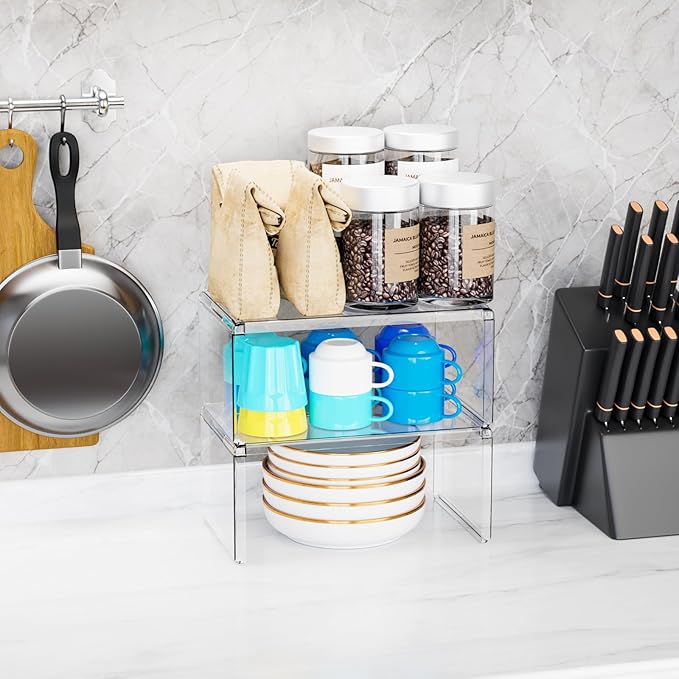 Yieach 2 Pack Acrylic Cabinet Organizer,2 Tier Stackable Shelves for Cabinets,RV Pantry Organization,Counter Space Saver Desk Organizers,Cupboard Shelf and Cabinet Stand & Risers for Mug,Cup,Dish