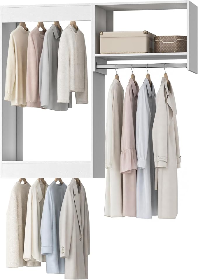 Modular Closet System, 58" Wide Wall-Mounted Closet Tower Organizer with Rods for Walk-In Closet Storage, White