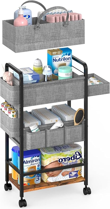 LIDTOP 2In1 Baby Diaper Caddy & 4-Tier Rolling Diaper Cart, Diaper Caddy Organizer Cart with Dividers & Drawer, Mobile Metal Bedside Cart for Nursery Essentials Storage, Large Capacity