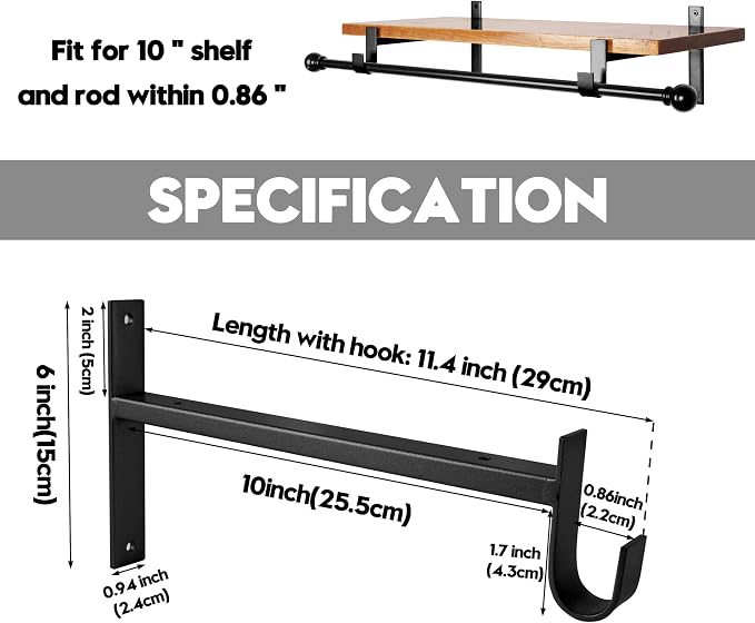 AddGrace Closet Rod Bracket Heavy Duty Shelf Brackets Black 10 Inch 2 Pack | Fit for Closet Wardrobe Laundry Room and Kitchen, with Hook, Store Above and Hang Below, Supports 66 lbs, Easy to Install